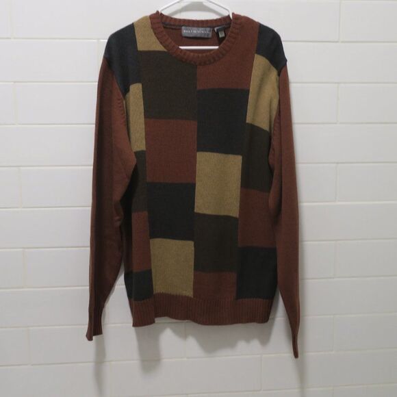 OSCAR DE LA RENTA vintage mens sweater knit brown Large block cotton grandpa pul - Picture 2 of 11